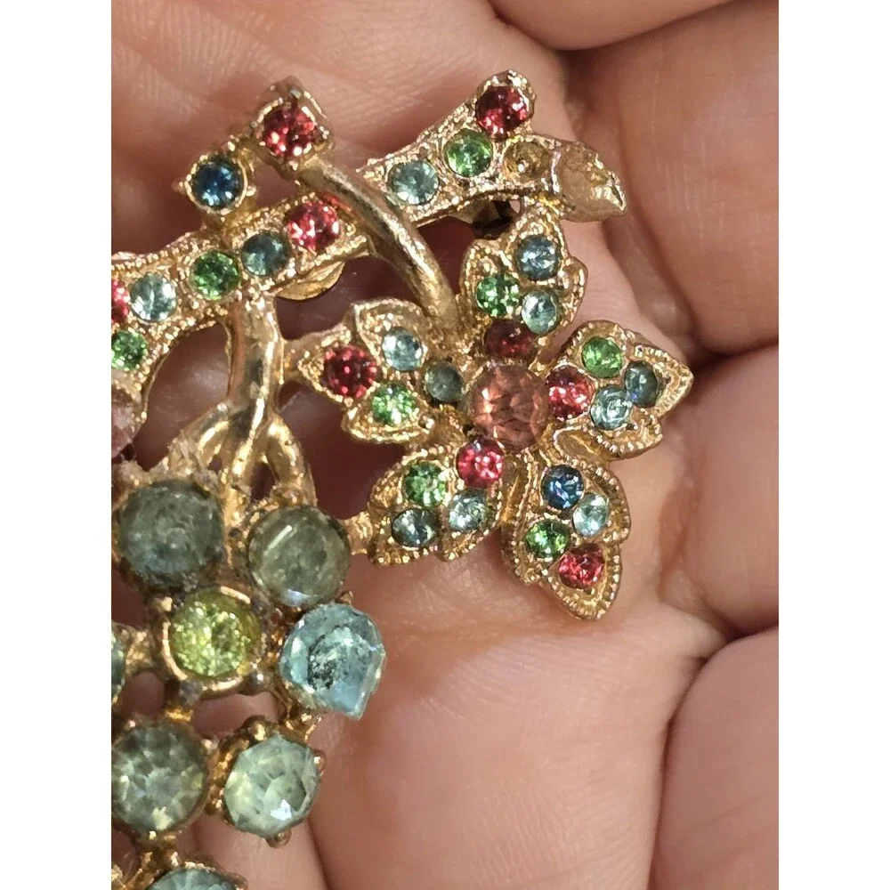 Vintage Fruit Salad Style Rhinestone Grape Floral Brooch Multicolor Pin #1398
